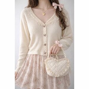 Golden Touch Vintage 1970s Rosette Appliqué Embroidered Ribbed Cardigan